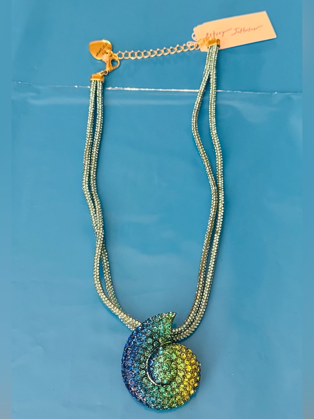 NWT Betsey Johnson Crystal Spiral Pendant Necklace in Rainbow Gradient